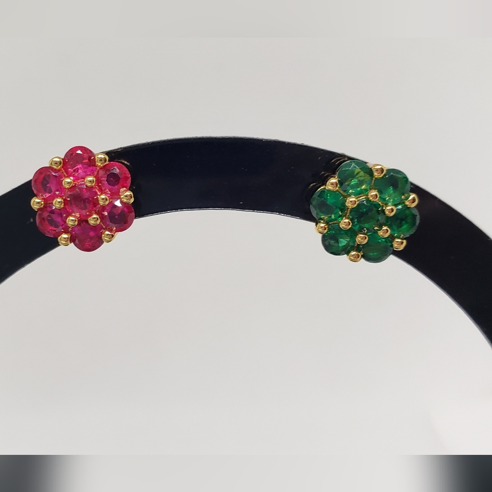Gold-toned Red and Green Inlaid Rhinestone Flower Stud Earrings